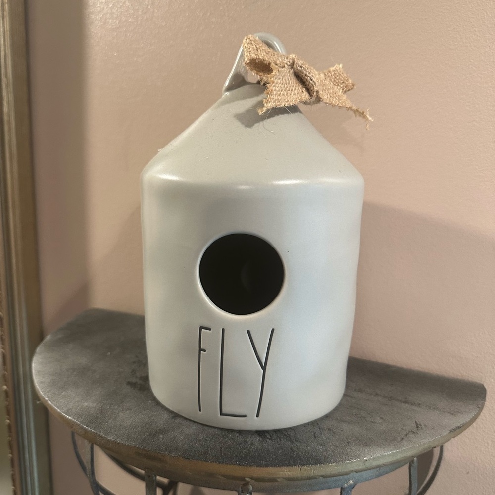 Rae Dunn FLY Birdhouse, perfect condition. Grey with burlap bow on top.